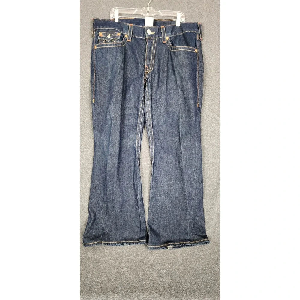 True Religion Joey Flare Jeans Mens 38x30 Raw Denim‎ Made in USA Orange Stitch